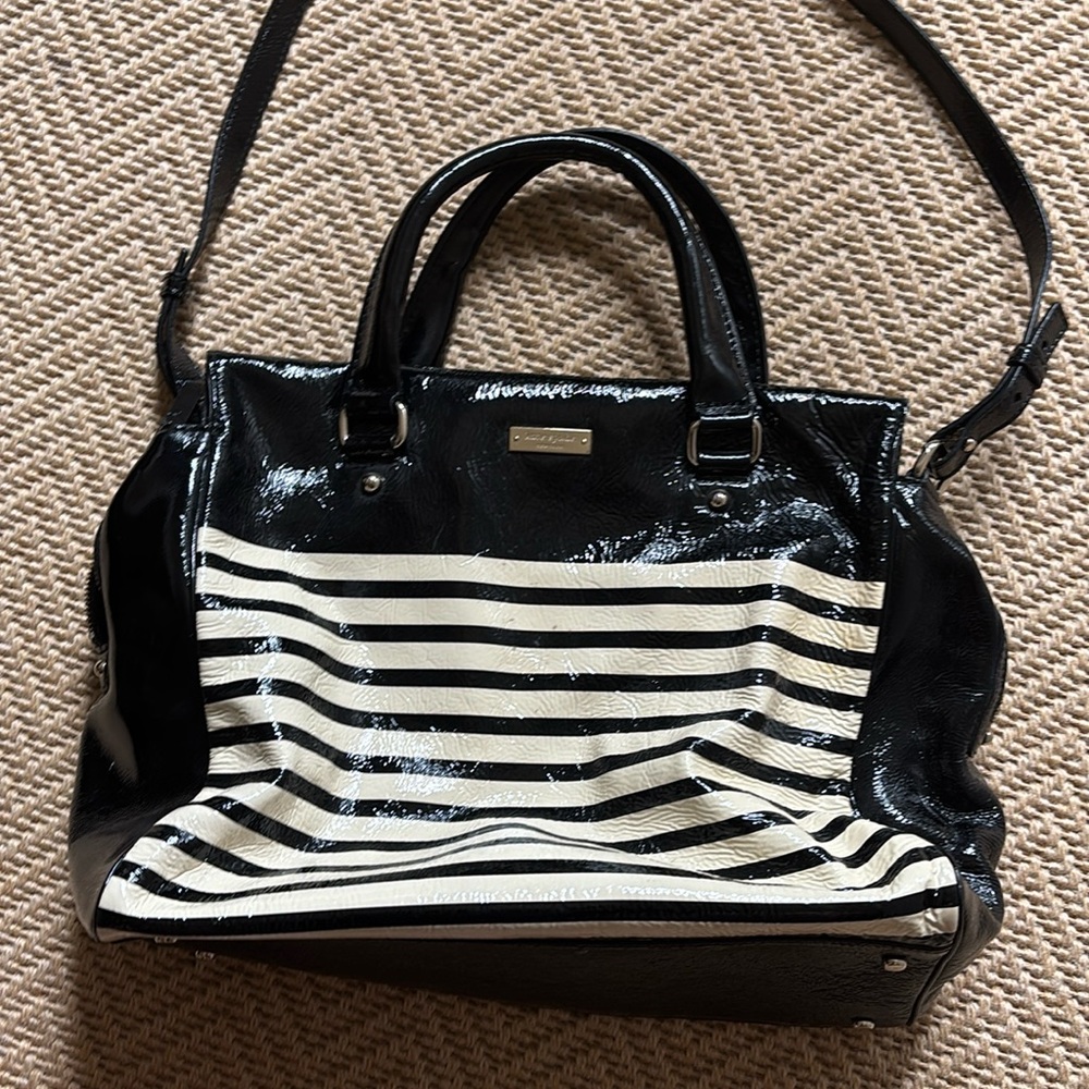 kate spade Black and White Striped Patent Leather Shoulder Bag